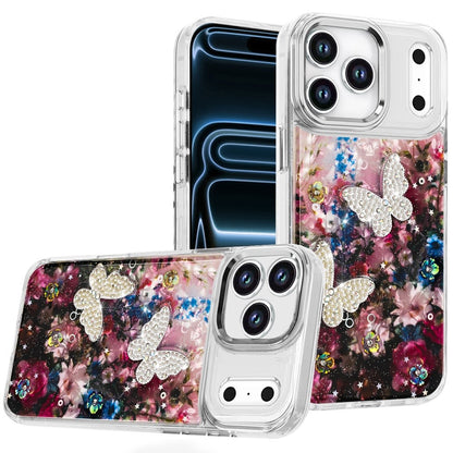 For Apple iPhone 17 Pro (6.3") Epoxy Glitter Flowers Bling 3D Butterfly Fashion TPU Hybrid with Shockproof Protection Case Cover