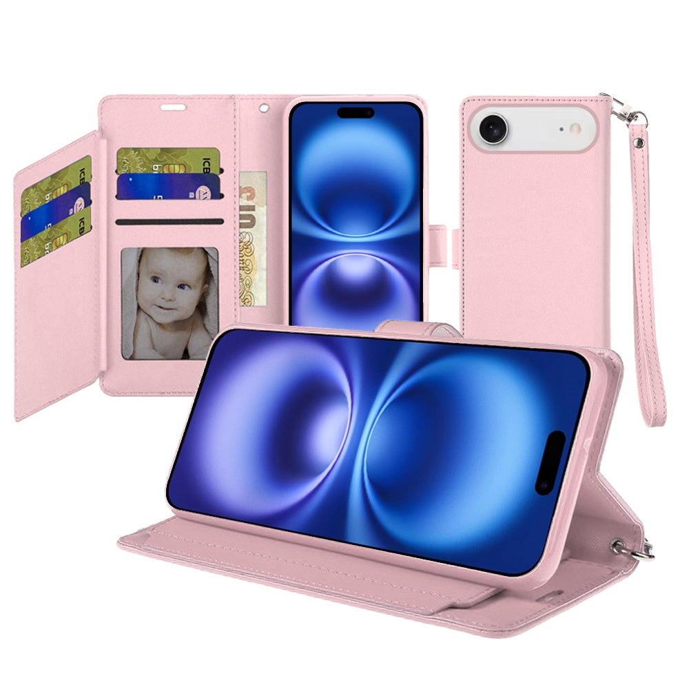 Phone Case for Apple iPhone 17 Air Wallet Credit Card Holder Leather Grip Shockproof Hybrid Protective Style Durable Flip Pouch Cover Rose Gold