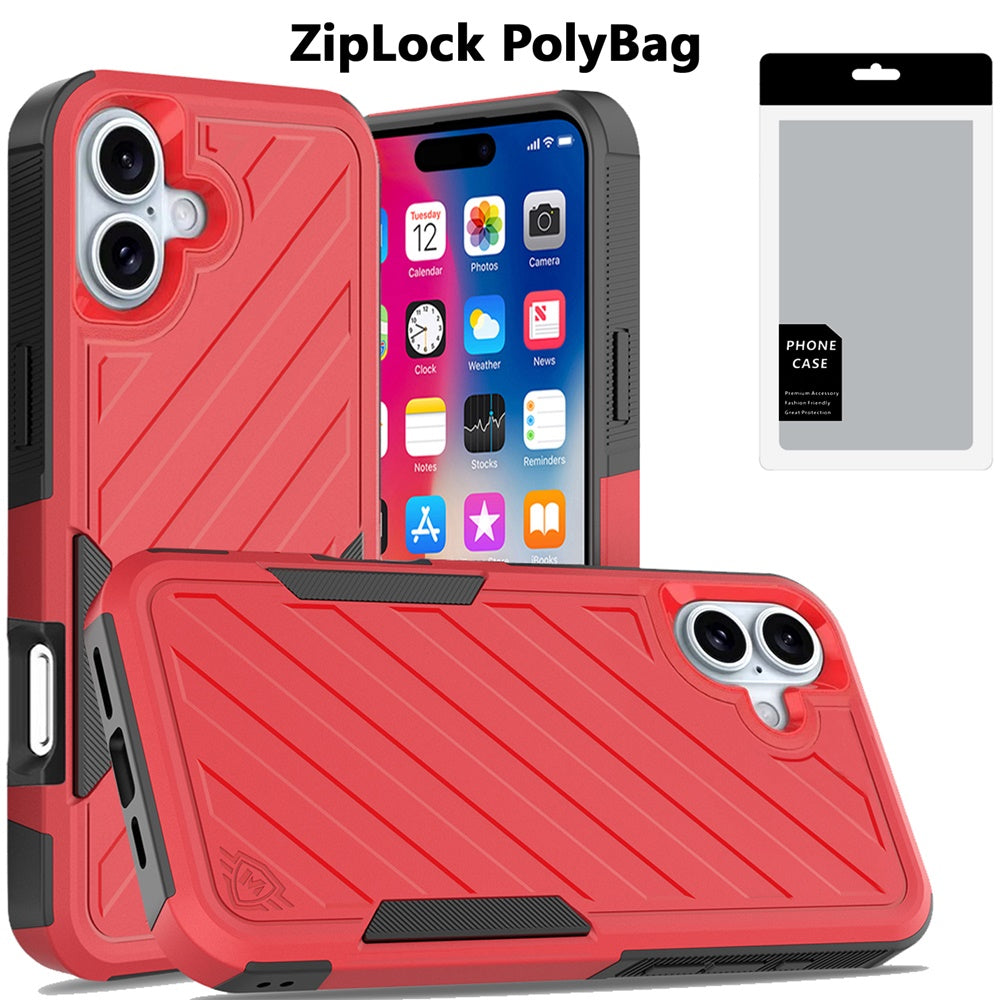 For iPhone 16 (6.1") Hybrid lined shockproof dual layer Rugged 2in1 Hard PC & Silicone TPU Non Slip Textured Tough Armor Case Cover Red+Black