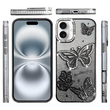 Phone Case for Apple iPhone 16 Plus Butterfly Freedom Shimmer Glitter Thick TPU Shockproof Anti Slip Durable Protective Design Cover Black