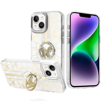 Phone Case for iPhone 14/13 (6.1") Floral Butterfly Ring Stand Glitter Bling Shockproof Hybrid Luxury Fashion Protective Anti Slip Durable Grip Cover White