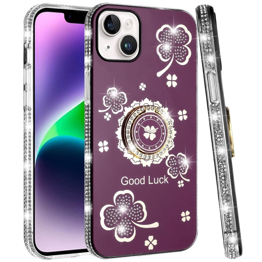 Phone Case for iPhone 14 Glitter Diamond Ring Stand Sparkle Rhinestone Edge AntiSlip Kickstand Luxury Fashion Bumper Shockproof Cover Red