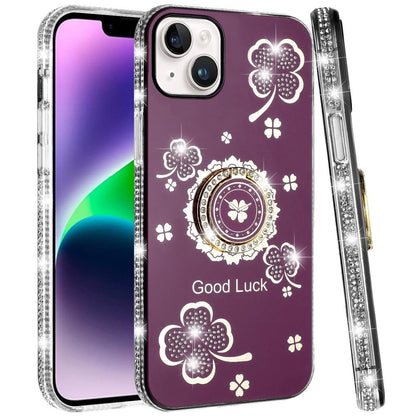 Phone Case for iPhone 14 Glitter Diamond Ring Stand Sparkle Rhinestone Edge AntiSlip Kickstand Luxury Fashion Bumper Shockproof Cover Red