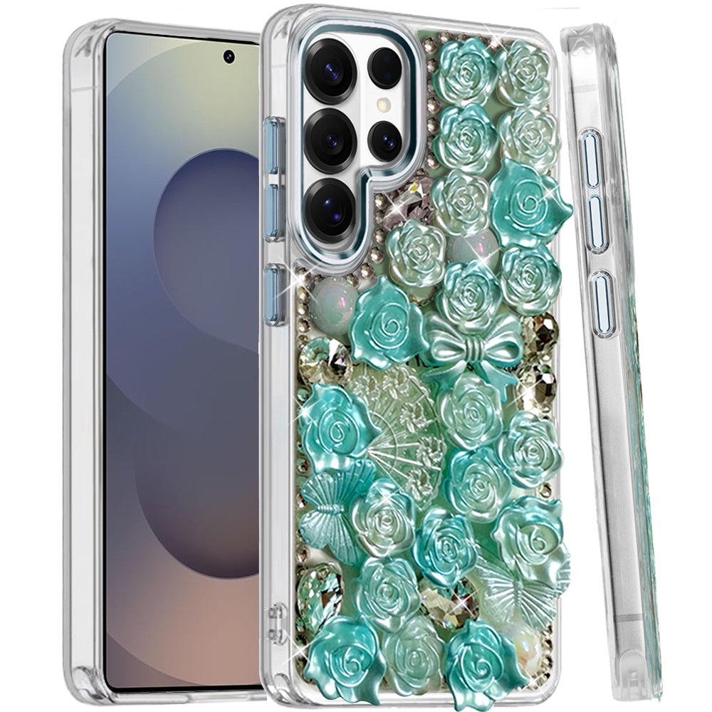 For Samsung Galaxy S25 Ultra Muti-Color Floral Fashion Bling Crystal 3D Full Diamonds Stones Sparkle Rhinestone Glitter Hybrid Case Cover