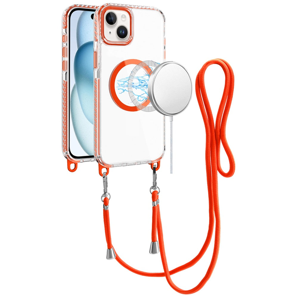 Phone Case for iPhone 15 (6.1") Transparent Magnetic Lanyard Shockproof Hybrid Clear Grip Durable Camera Protection TPU Anti-Slip Design Cover Cosmic Orange