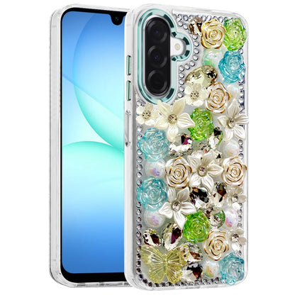 For Samsung Galaxy S25 Fan Edition /Galaxy S25 FE 3D Diamond Floral Roses Flower Bling Stone Hybrid, Sparkly Rhinestone Gemstone Back Shockproof Case Cover