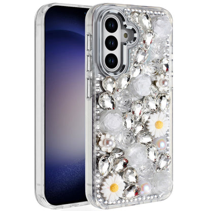 For Samsung Galaxy A17 5G Fashion Daisy Floral Series, Full 3D Bling Crystal Diamonds Sparkling Rhinestone Glitter Hybrid Design Case Cover