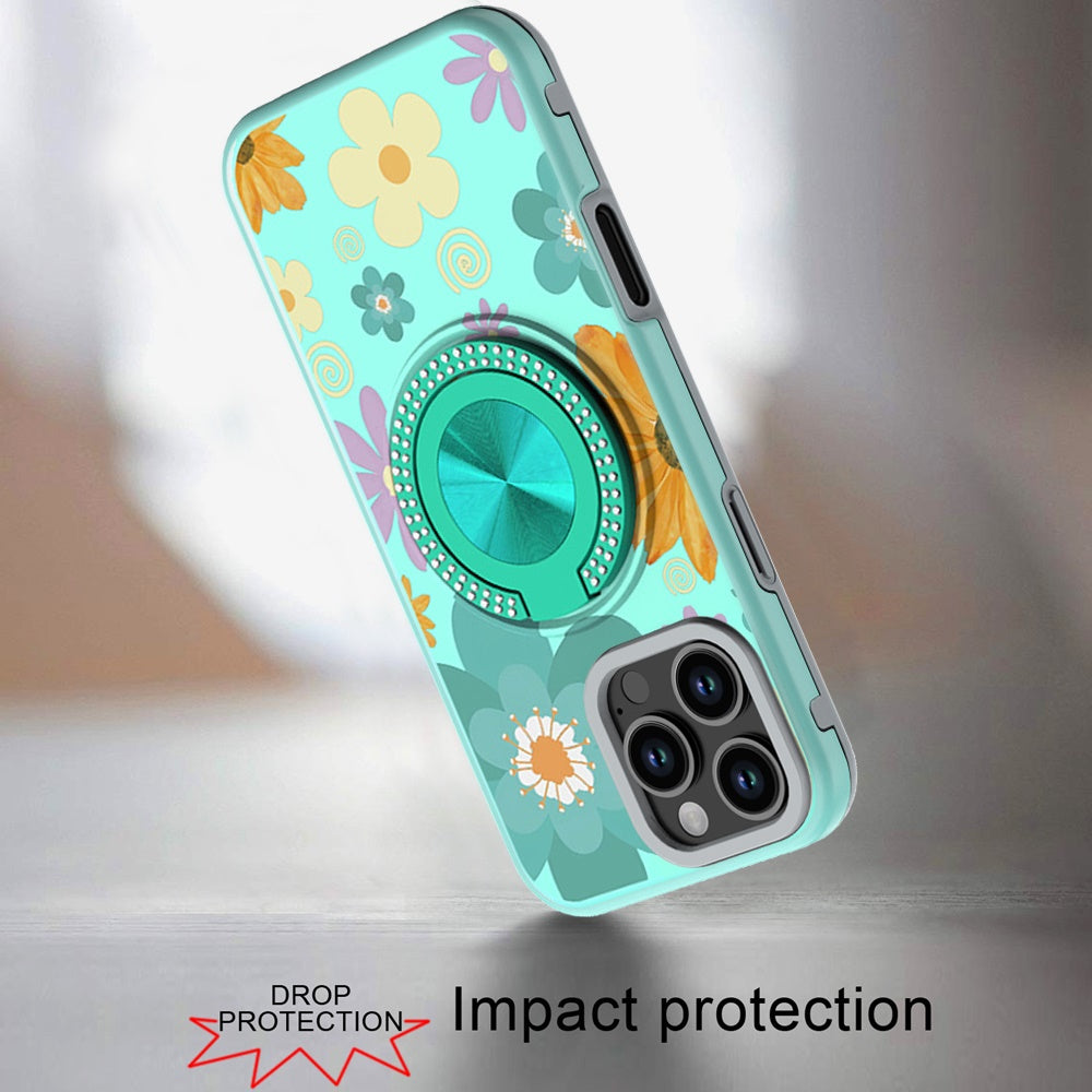 For iPhone 16 Pro Max (6.9") Pattern Design Hybrid with Invisible Ring Stand & Magnetic Back, Shockproof Protective Grip Case Cover