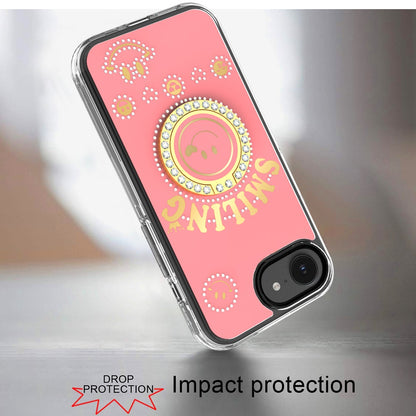 For Apple iPhone 17E /16E Smiling Glitter Bling Ornament Hybrid Shockproof Stylish Sparkle Design Secure Grip Durable Protection Case Cover Pink