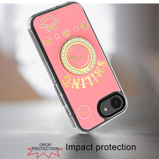 For Apple iPhone 17E /16E Smiling Glitter Bling Ornament Hybrid Shockproof Stylish Sparkle Design Secure Grip Durable Protection Case Cover Pink