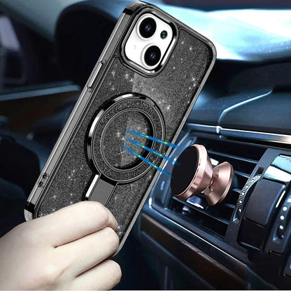 For iPhone 14/13 (6.1") Transparent Glitter Bling Case with Rotating Magnetic Ring Stand, Shockproof Hybrid Case Cover Cosmic Orange