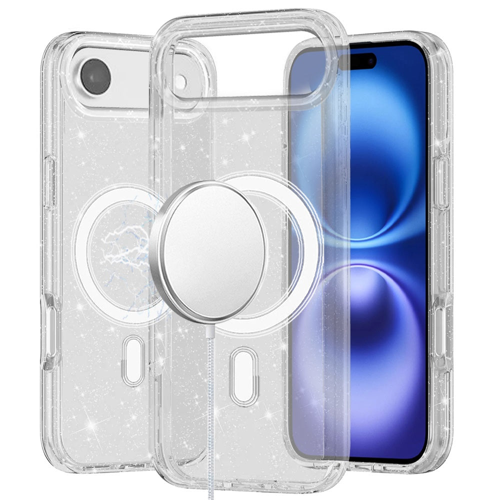 For Apple iPhone 17 AIR MagSafe Compatible Glitter Sparkle Bling Hybrid Case with Magnetic Circle, Slim TPU & Hard PC Frame Case Cover Clear