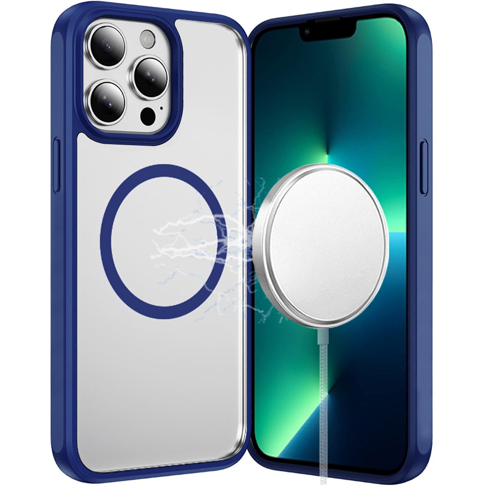 Phone Case for Apple iPhone 13 Pro Transparent Magnetic HQ Shockproof Hybrid 2.0mm Thick AntiSlip Grip Drop Protection Rugged Clear Durable Impact Cover Navy Blue