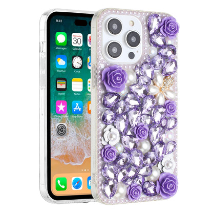 For Apple iPhone 17E /16E Fashion Rose Flower Floral, 3D Bling Crystal Full Diamonds Pearl Sparkle Rhinestone Glitter Hybrid Case Cover Purple