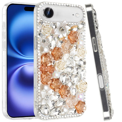 For Apple iPhone 17 Air (6.6") Fashion Rose Flower Floral Bling Crystal 3D Full Diamonds Pearl Sparkle Rhinestone Glitter Hybrid Case Cover