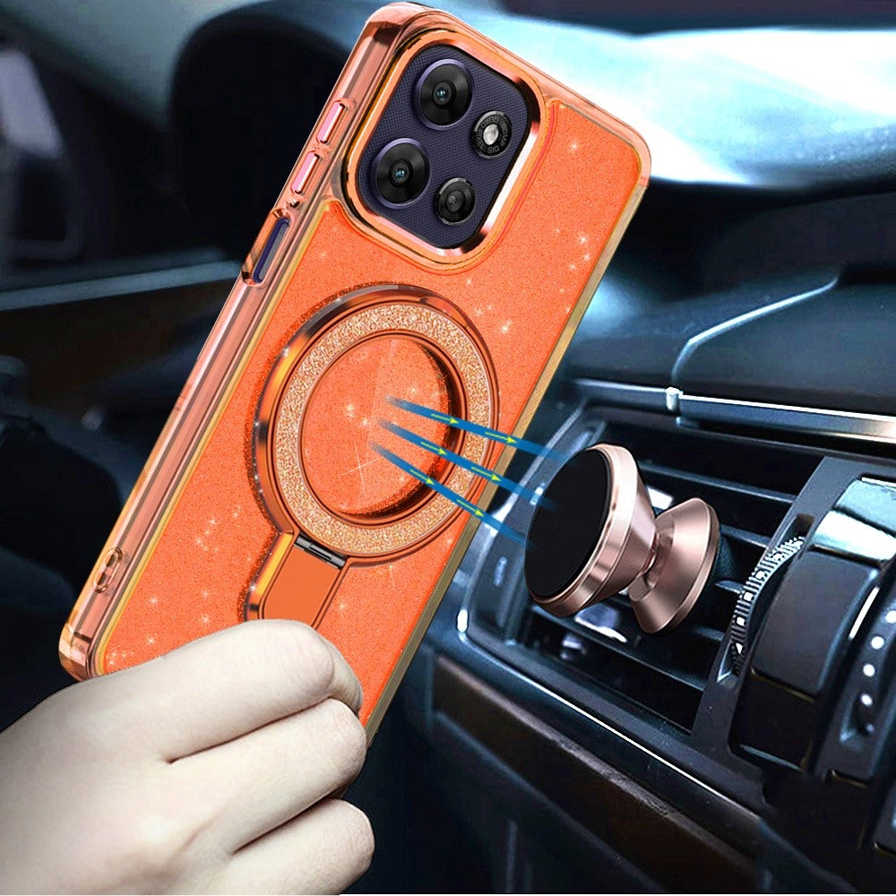 For Motorola Moto G Play 5G 2026 Transparent Glitter Bling Case with Rotating Magnetic Ring Stand, Shockproof Hybrid Case Cover Cosmic Orange