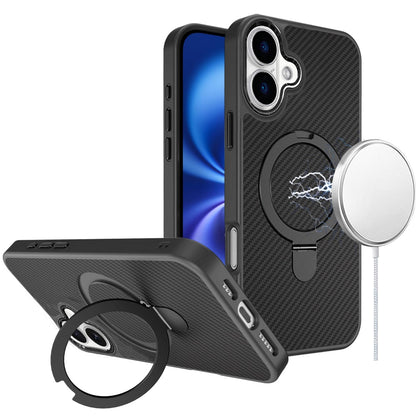 For Apple iPhone 17 (6.3") Hybrid Carbon Fiber Design with MagSafe Compatible [Magnetic Circle], Ring Stand Shockproof Slim TPU Case Cover