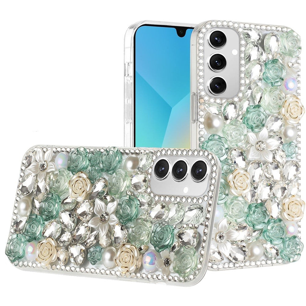 For Apple iPhone 16e Fashion Rose Flower Floral Bling Crystal 3D Full Diamonds Pearl Sparkle Rhinestone Glitter Hybrid Case Cover