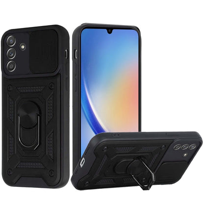 For Samsung Galaxy A15 5G Hybrid Case with Slide Camera Lens Cover, Ring Kickstand, Heavy-Duty Dual Layer TPU, Fit Magnet Car Mount Case Cover