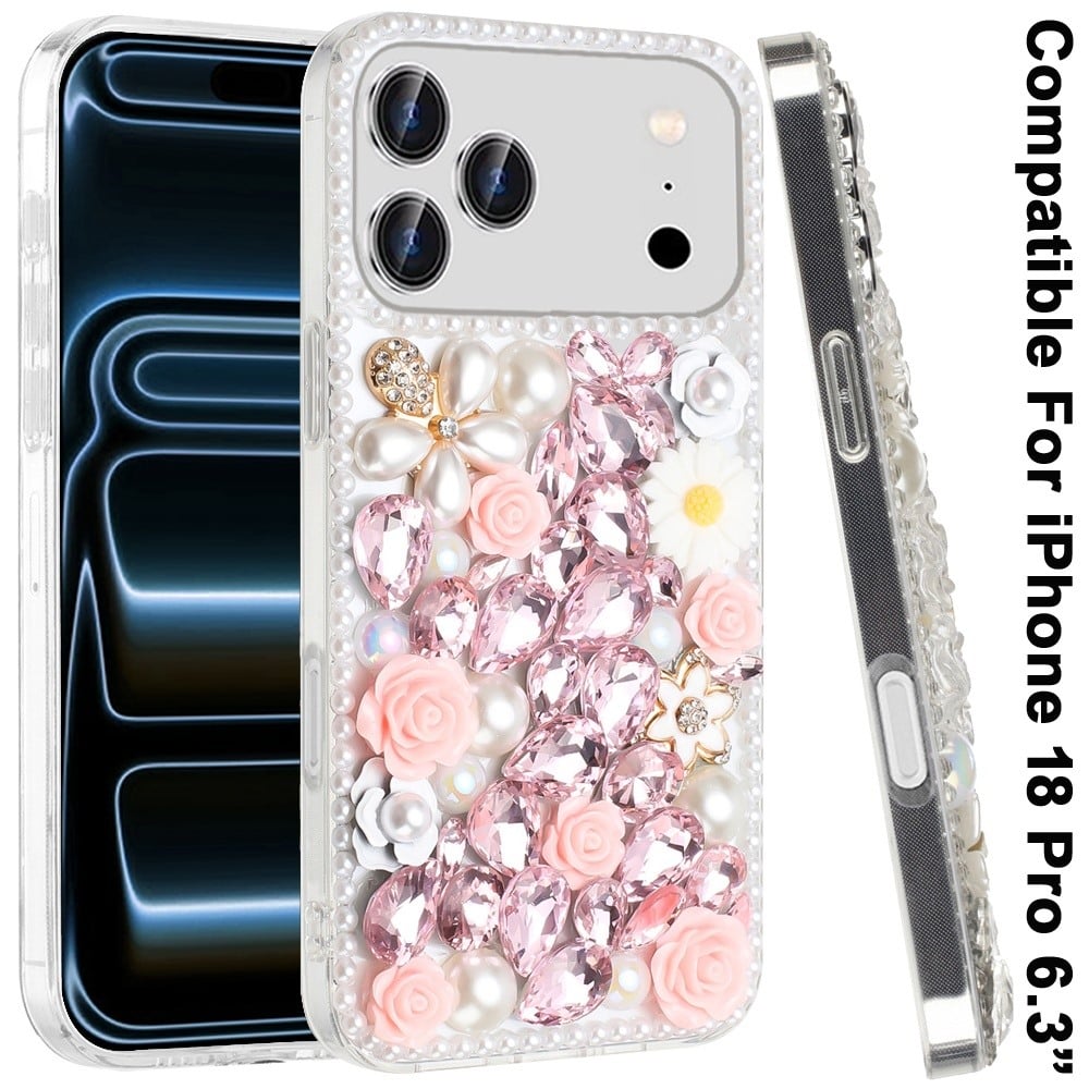 Phone Case for Apple iPhone 18 Pro/ 17 Pro Rose Flower Full Diamond Bling Rhinestone Glitter Luxury Stylish Sparkle Protective Designer Hybrid Cover