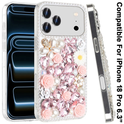 Phone Case for Apple iPhone 18 Pro/ 17 Pro Rose Flower Full Diamond Bling Rhinestone Glitter Luxury Stylish Sparkle Protective Designer Hybrid Cover
