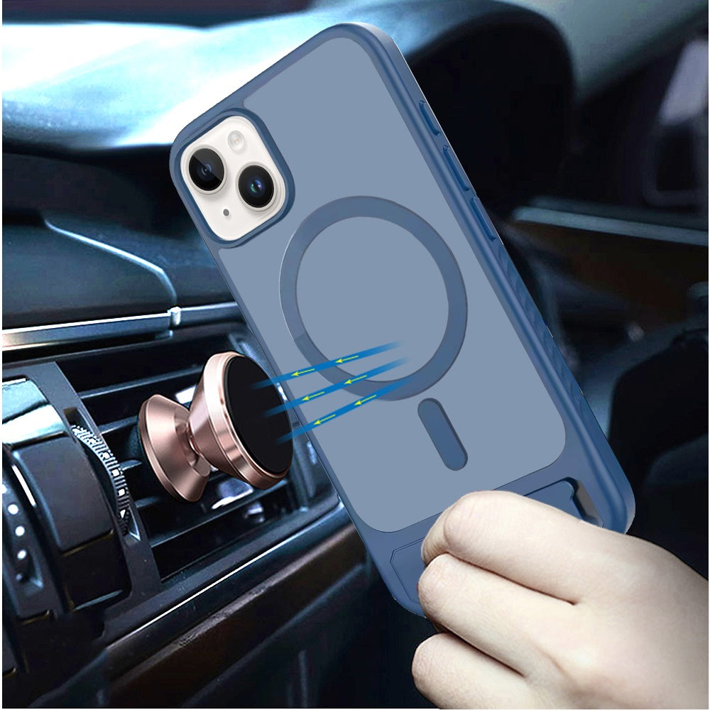 Phone Case for iPhone 15 Matte Magnetic Metal Kickstand Shockproof Grip Anti Slip Durable Protective Heavy Duty Hybrid Cover