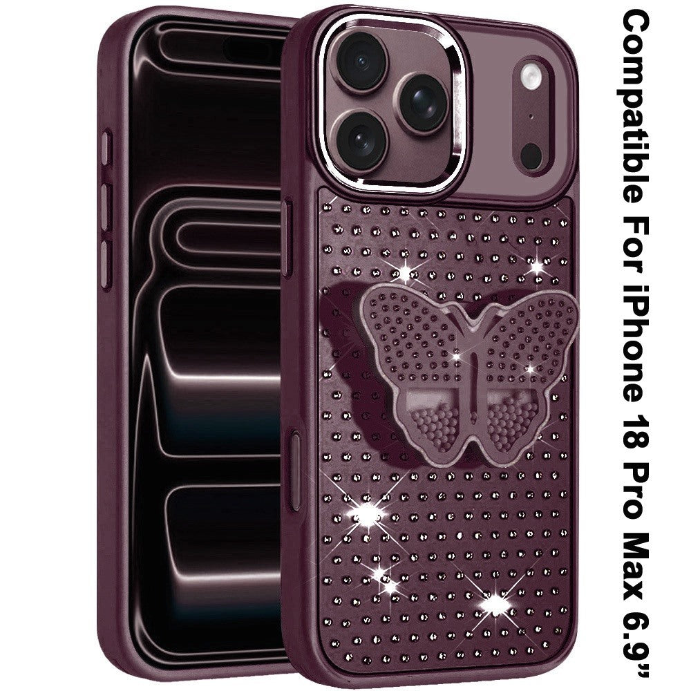 Phone Case for Apple iPhone 18 Pro Max Butterfly Grip Pop Stand Diamond Sparkle Hybrid Shockproof Metal Button Slim Protective Grip Decorative Design Cover