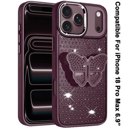 Phone Case for Apple iPhone 18 Pro Max Butterfly Grip Pop Stand Diamond Sparkle Hybrid Shockproof Metal Button Slim Protective Grip Decorative Design Cover