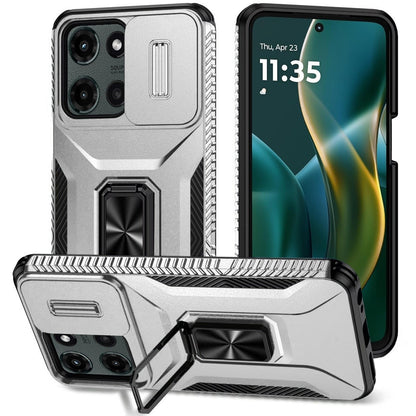 For Motorola Moto G 5G 2025 Case, Camera Cover with Magnetic Rotation Ring Stand, Military Grade Hybrid Hard TPU Shockproof Case Cover Silver