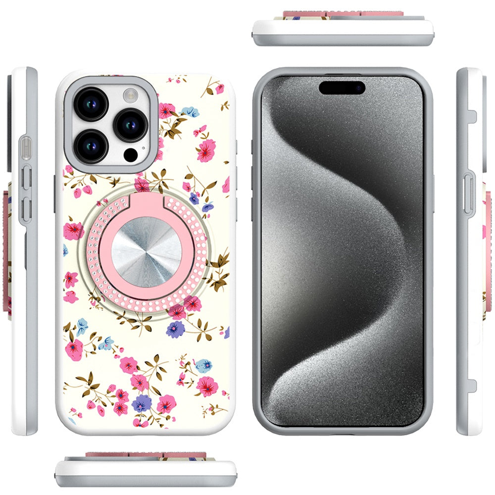 For Apple iPhone 14 /13 Pattern Design Hybrid with Invisible Ring Stand & Magnetic Back, Shockproof Protective Grip Case Cover