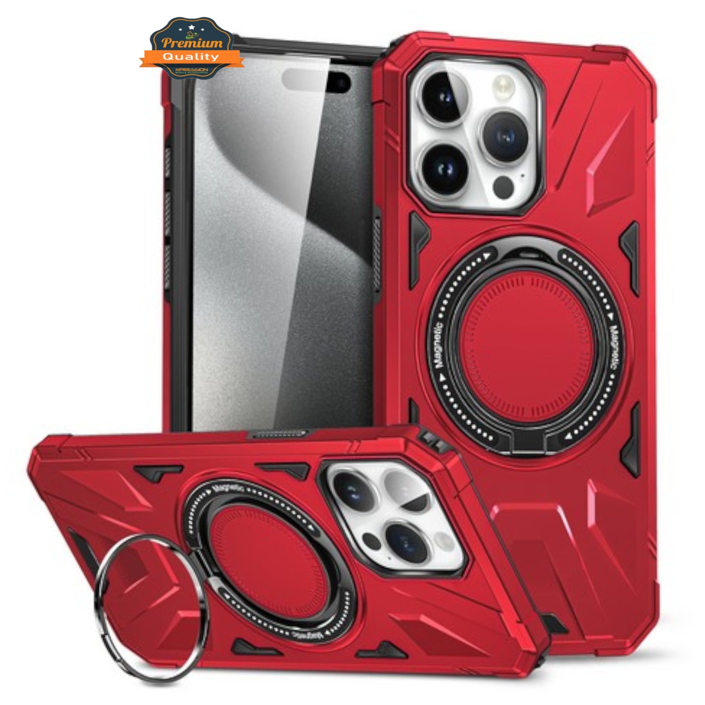 For Apple iPhone 16 Pro Max (6.9") Tough Shockproof Hybrid with Magnetic Ring Stand Compatible with MagSafe TPU + PC Protective Case Cover