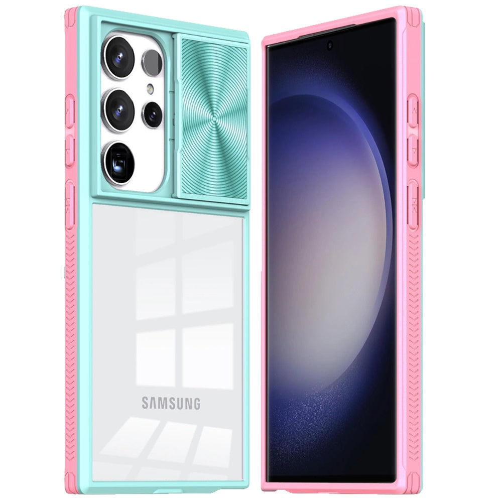 For Samsung Galaxy S24+ Plus Hybrid Cases with Sliding Camera Cover Transparent Shockproof Bumper TPU Protective Case Cover Pink/Blue