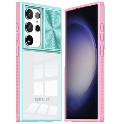 For Samsung Galaxy S24+ Plus Hybrid Cases with Sliding Camera Cover Transparent Shockproof Bumper TPU Protective Case Cover Pink/Blue