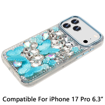 Phone Case for Apple iPhone 17 Pro Luxury 3D Floral Butterfly Bling Rhinestone Glitter Shockproof Stylish Protective Hybrid Designer Metallic Cover