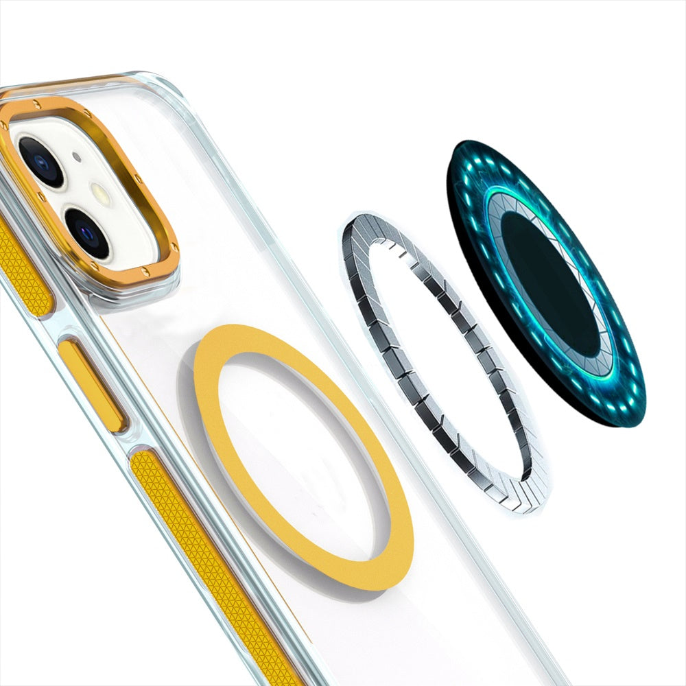 For Apple iPhone 16 (6.1") Transparent back with Colorful Frame Strong Magnetic Circle [Compatible with Magsafe] Slim Shockproof Case Cover Clear Yellow