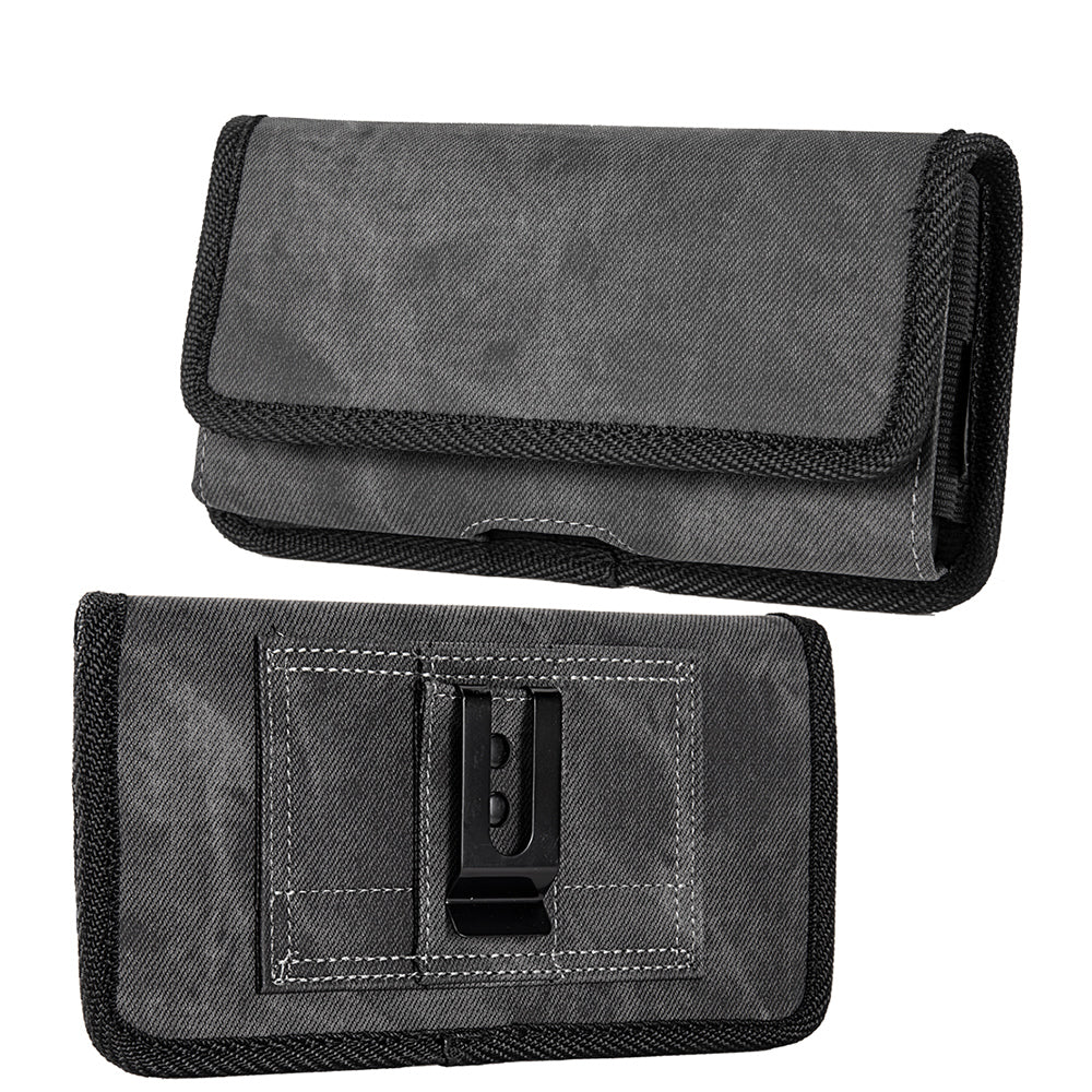 For Apple iPhone 16 Plus (6.7") Universal Horizontal Cell Phone Case Fabric Holster Carrying Pouch with Belt Clip and 2 Card Slots fit XXL Devices [Black Denim]