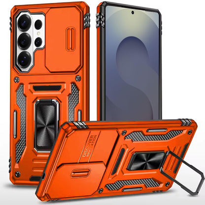 For Samsung Galaxy S25 Ultra Tough Hybrid Case with Movable Camera Window & Metal Ring Stand Shockproof Case Cover Cosmic Orange