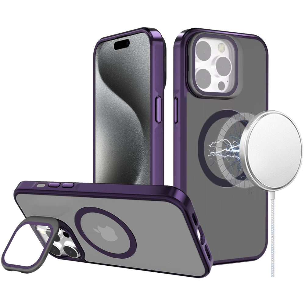For Apple iPhone 14 /13 Tough HQ Hybrid Case with Aluminum Frame Camera Stand, Compatible with MagSafe, Translucent Matte Shockproof Case Cover