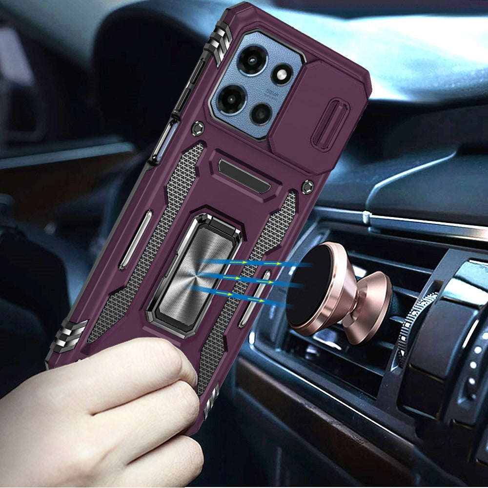 Phone Case for Motorola Moto G Play 5G 2026 Tough Metal Ring Shockproof Sliding Camera Window Hybrid Armor Rugged Anti Slip Heavy Duty Grip Cover Purple