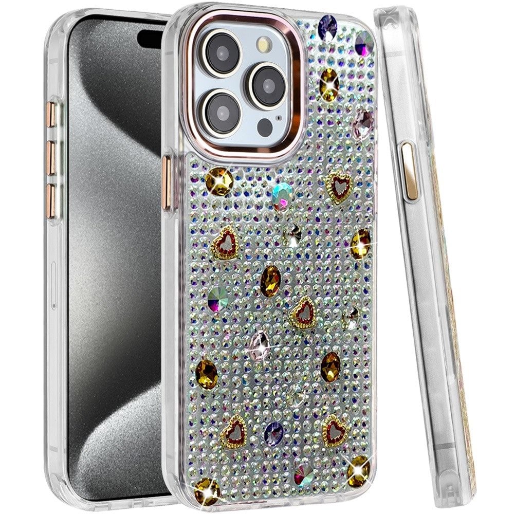 Phone Case for Apple iPhone 15 Pro Max Chrome Fashion Hybrid Bling Diamond Heart Rhinestone Decorative Stones Sparkling Embellished Design Cover Gold