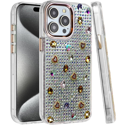 Phone Case for Apple iPhone 15 Pro Max Chrome Fashion Hybrid Bling Diamond Heart Rhinestone Decorative Stones Sparkling Embellished Design Cover Gold