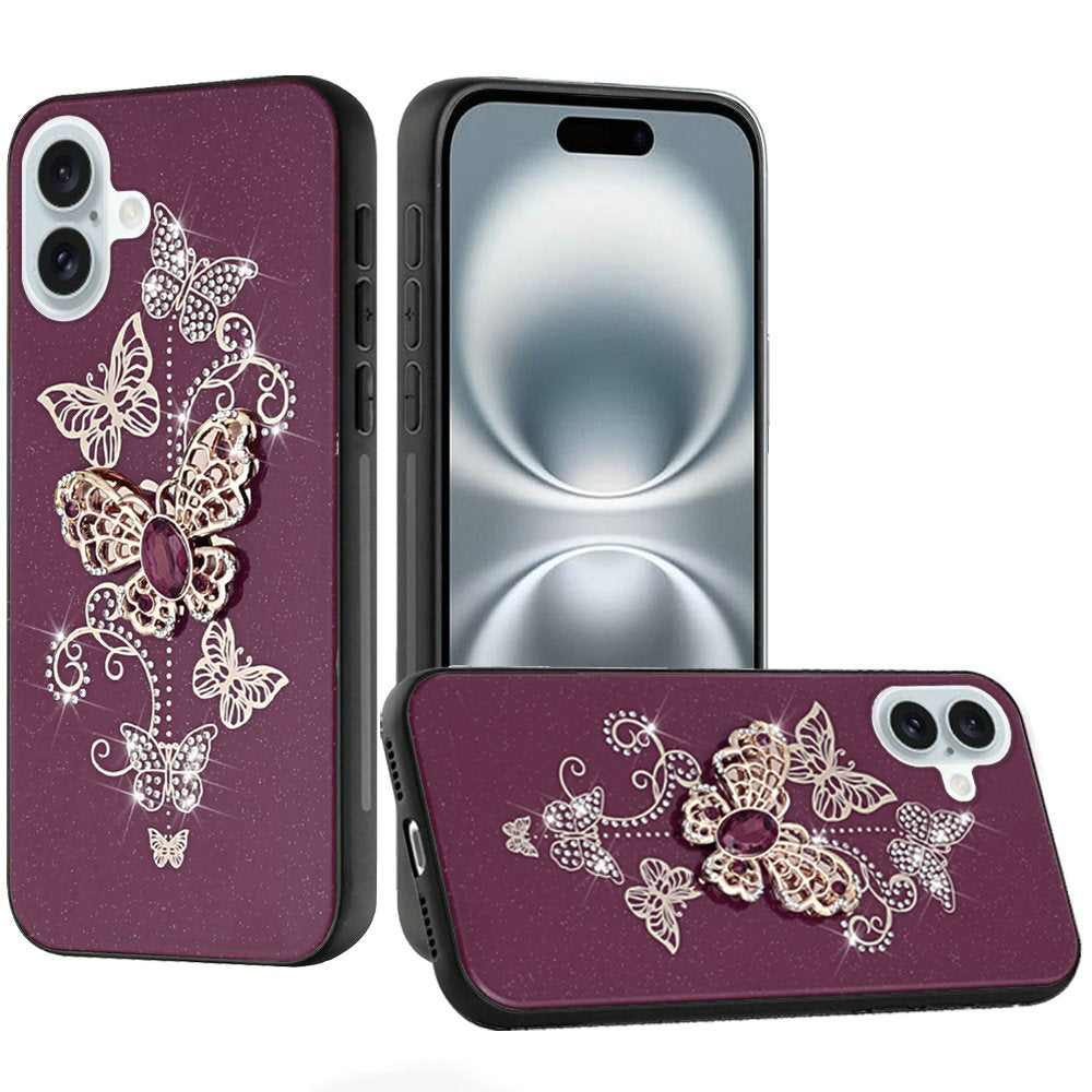 Phone Case for Apple iPhone 16 Diamond Glitter 3D Butterfly Engraved Luxury Bling Hybrid Shockproof Chrome Edge Protective Durable Grip Cover Purple