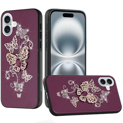 Phone Case for Apple iPhone 16 Diamond Glitter 3D Butterfly Engraved Luxury Bling Hybrid Shockproof Chrome Edge Protective Durable Grip Cover Purple