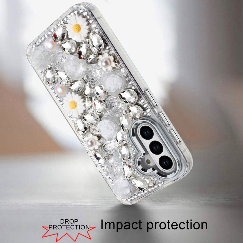 For Apple iPhone 16 Plus (6.7") Fashion Daisy Floral Series, Full 3D Bling Crystal Diamonds Sparkling Rhinestone Glitter Hybrid Design Case Cover