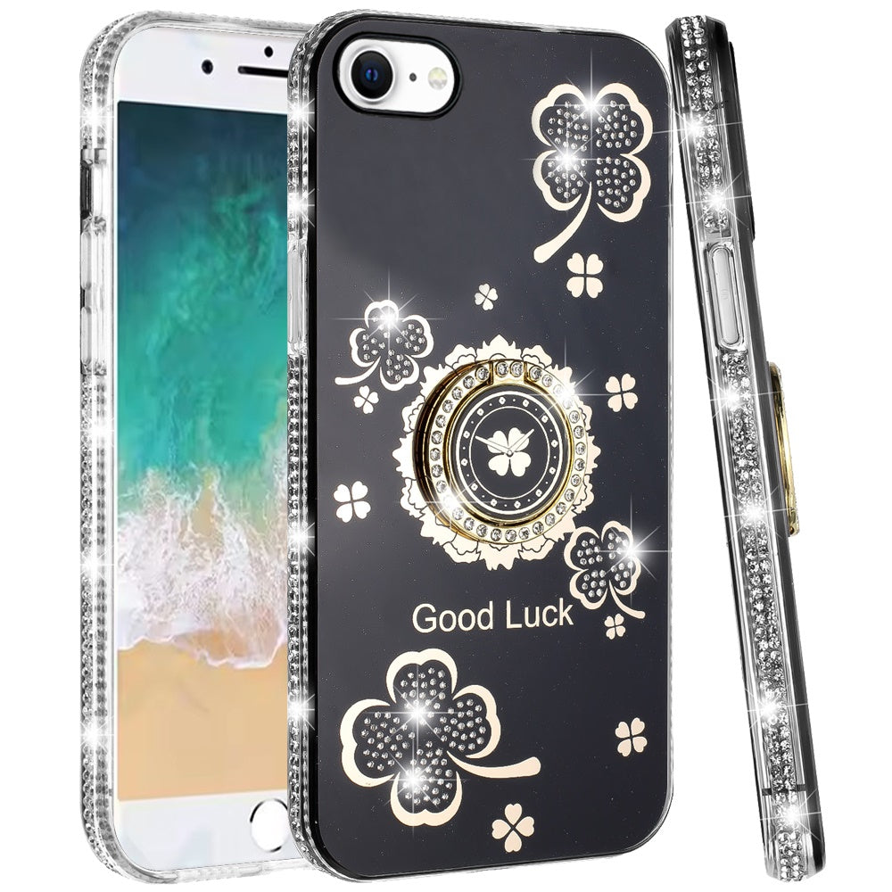 For Apple iPhone 17E /16E Diamonds Bling All Around Edges Sparkly Glitter Hybrid with Ring Stand Holder Fashion Good Luck Case Cover