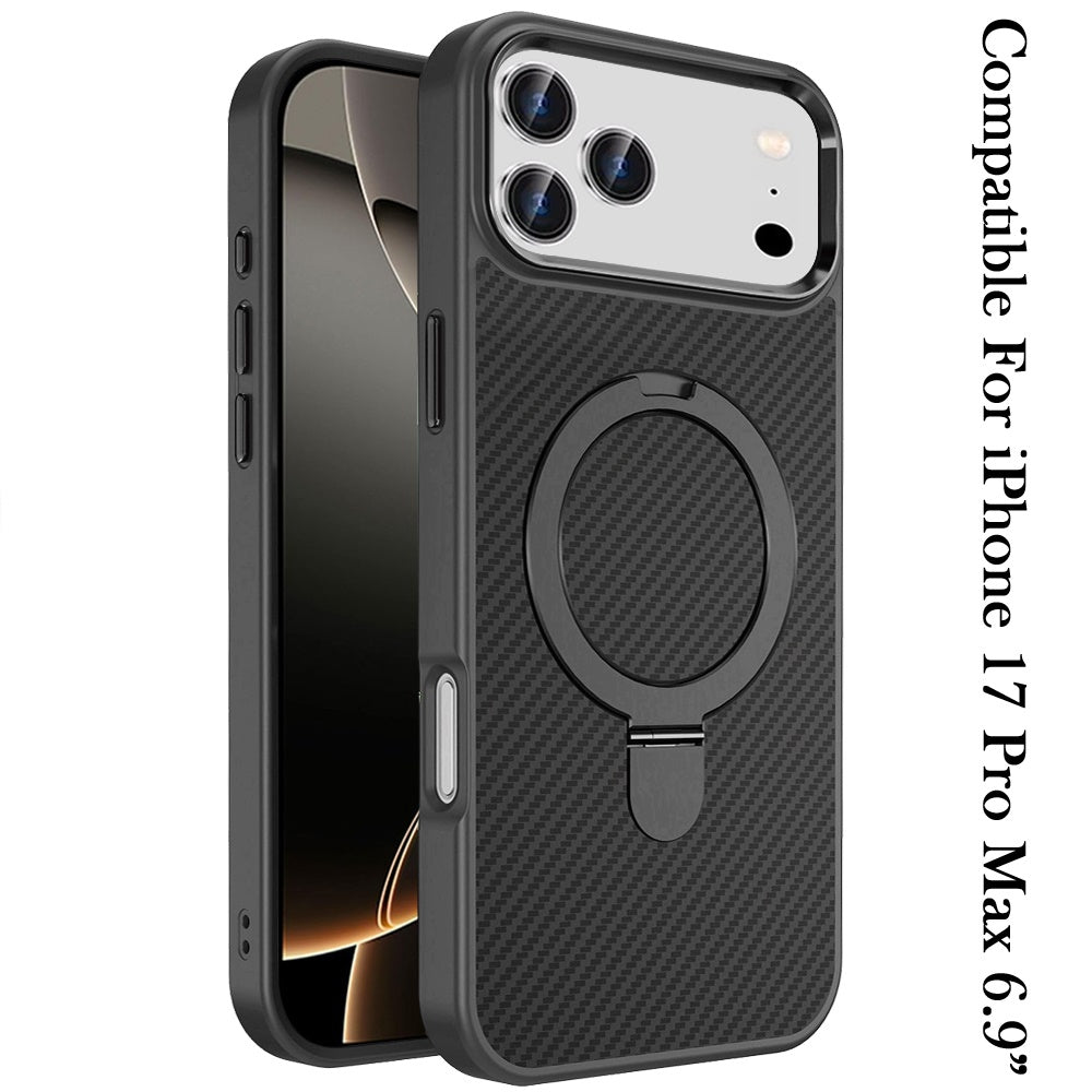 Phone Case for Apple iPhone 17 Pro Max (6.9") Carbon Fiber Magnetic Ring Stand Hybrid Shockproof AntiSlip Grip Kickstand Military Drop Protection Matte Finish Cover Black