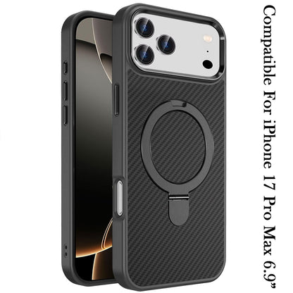 Phone Case for Apple iPhone 17 Pro Max (6.9") Carbon Fiber Magnetic Ring Stand Hybrid Shockproof AntiSlip Grip Kickstand Military Drop Protection Matte Finish Cover Black