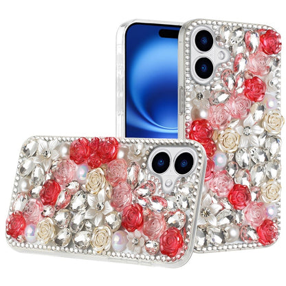 For Apple iPhone 17 (6.3") Fashion Rose Flower Floral, 3D Bling Crystal Full Diamonds Pearl Sparkle Rhinestone Glitter Hybrid Case Cover