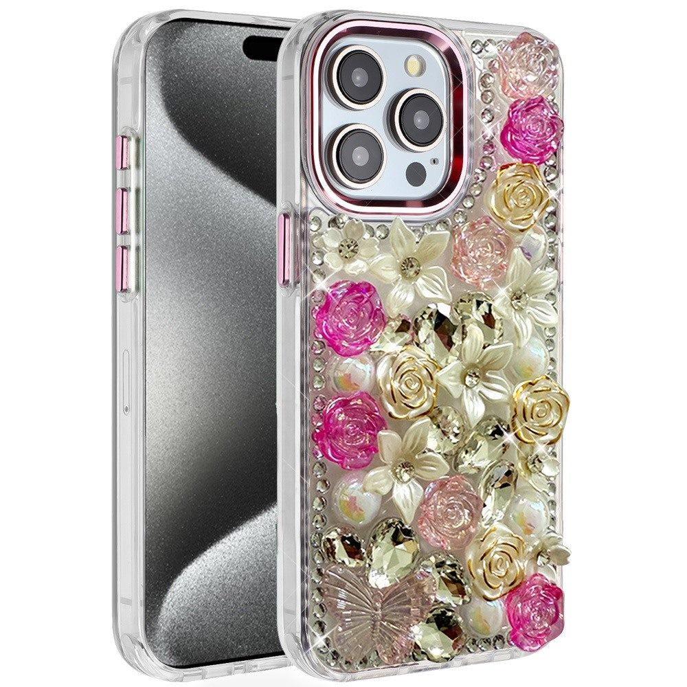 Phone Case for iPhone 15 Pro (6.1") Luxury Rose Bling Rhinestone Glitter Floral Hybrid Shockproof Stylish Protective Designer Ornament Sparkle Cover Pink