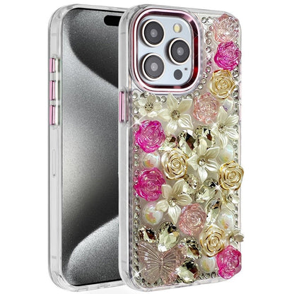 Phone Case for iPhone 15 Pro (6.1") Luxury Rose Bling Rhinestone Glitter Floral Hybrid Shockproof Stylish Protective Designer Ornament Sparkle Cover Pink